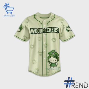 Close-up view of the Fayetteville Woodpeckers Algae Hello Kitty Baseball Jersey print