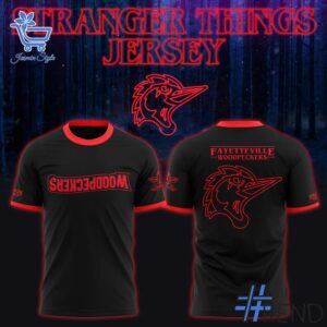 Street-style look featuring the unique Fayetteville Woodpeckers Stranger things Shirt artwork