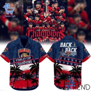 Close-up view of the Florida Panthers Stanley Cup Champs Hawaiian Shirt print