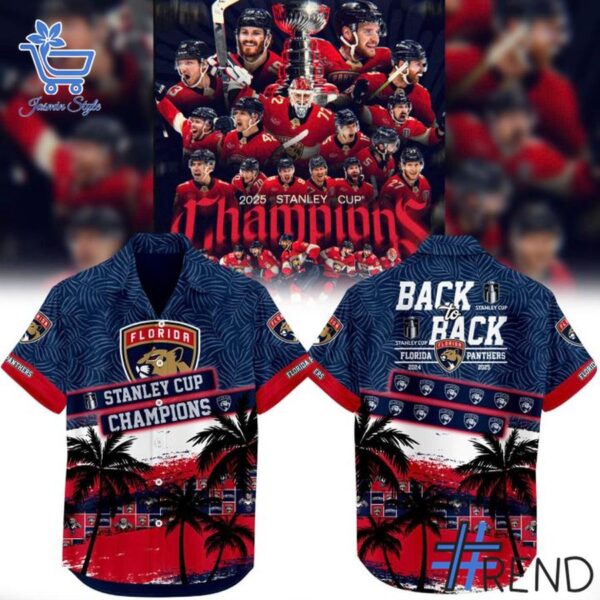 Close-up view of the Florida Panthers Stanley Cup Champs Hawaiian Shirt print