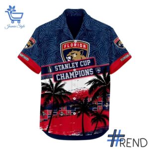 Close-up view of the Florida Panthers Stanley Cup Champs Hawaiian Shirt print