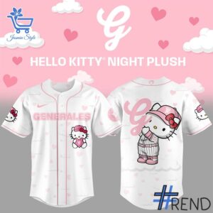 Street-style look featuring the unique Generales de Durango Hello Kitty Night Baseball Jersey artwork