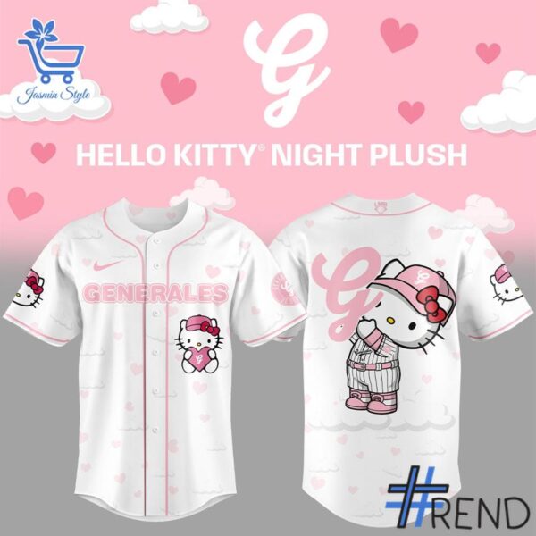 Street-style look featuring the unique Generales de Durango Hello Kitty Night Baseball Jersey artwork