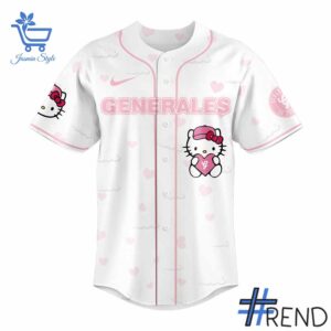 Street-style look featuring the unique Generales de Durango Hello Kitty Night Baseball Jersey artwork