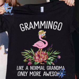 Close-up view of the Grandma Grammingo Flamingo Shirt print