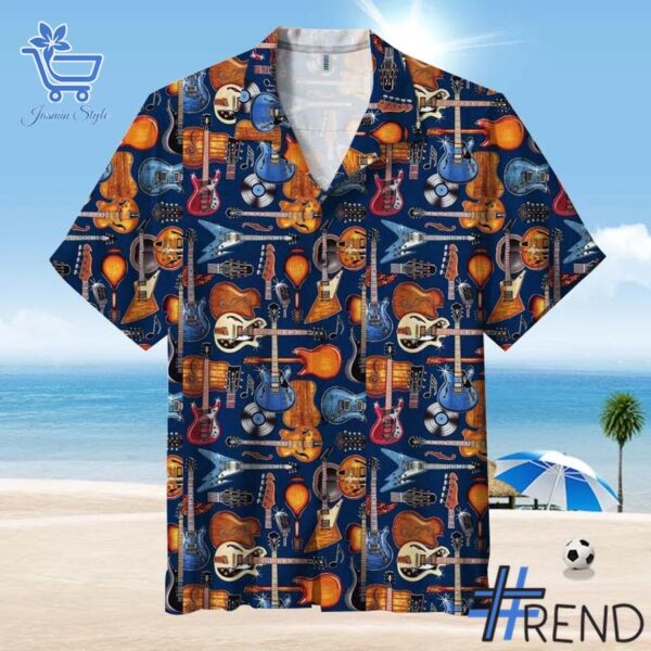 Guitar Unisex Hawaiian Shirt design displayed on high-quality clothing fabric