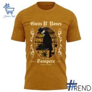 Close-up of the 2 Guns N' Roses Tonight we play Tampere for the first time Shirt showing detailed design and vibrant colors.