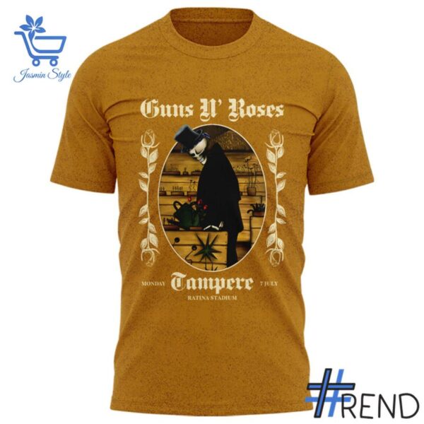 Close-up of the 2 Guns N' Roses Tonight we play Tampere for the first time Shirt showing detailed design and vibrant colors.