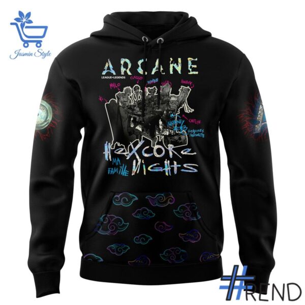 Detailed view of the 2 Hexcore Nights Noxus Arcane Hoodie print on fabric