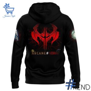 Detailed view of the 3 Hexcore Nights Noxus Arcane Hoodie print on fabric