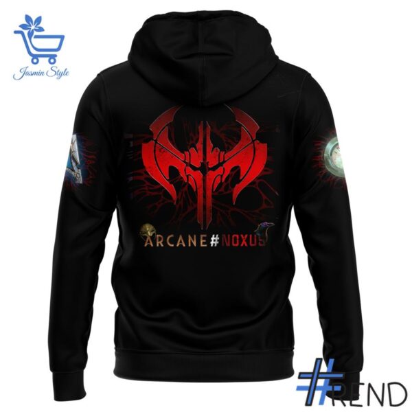 Detailed view of the 3 Hexcore Nights Noxus Arcane Hoodie print on fabric