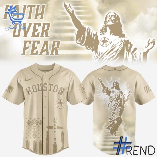 Soft and durable fabric with bold Houston Astros Faith Over Fear Jesus Jersey print