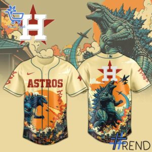 Close-up of the 1 Houston Astros Godzilla Baseball Jersey showing detailed design and vibrant colors.