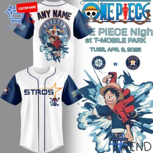 Close-up view of the Houston Astros Luffy One Piece Jersey print