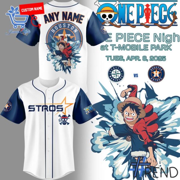 Close-up view of the Houston Astros Luffy One Piece Jersey print