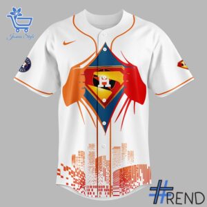 Close-up view of the Houston Astros Superman Night Baseball Jersey print
