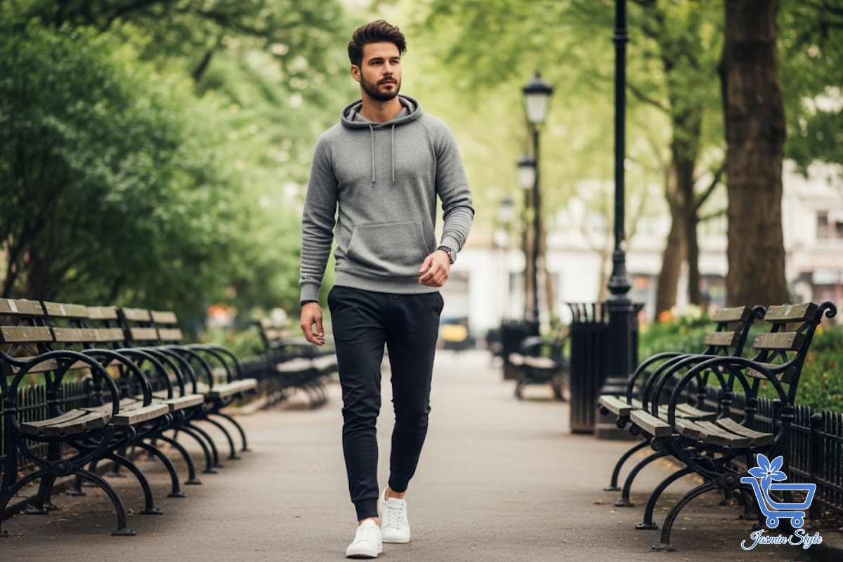 How to Style a Hoodie for Men Effortlessly cool: A classic gray hoodie and joggers combo, perfect for laid-back everyday style.