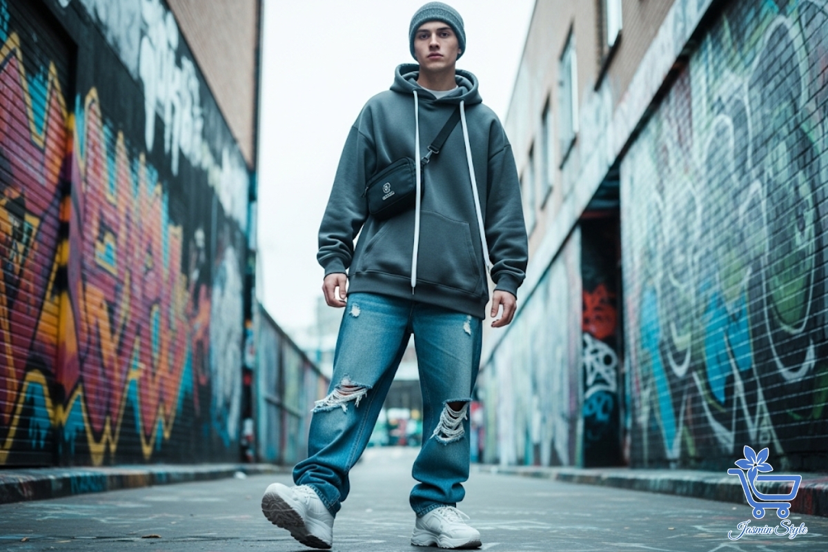 How to Style a Hoodie for Men Streetwear statement: Oversized hoodie and loose jeans create a bold 90s-inspired silhouette.