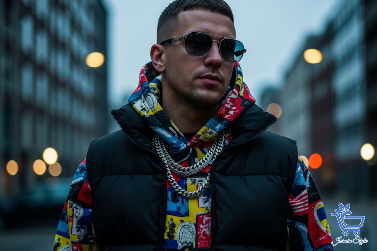 How to Style a Hoodie for Men Layer with attitude: Printed hoodie styled under a puffer vest for a modern streetwear edge.