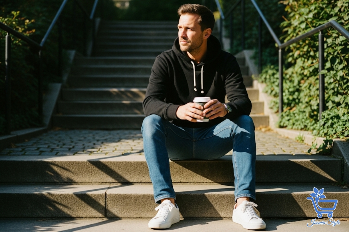 How to Style a Hoodie for Men Classic comfort: Black hoodie and slim jeans — the timeless casual combo for every man.