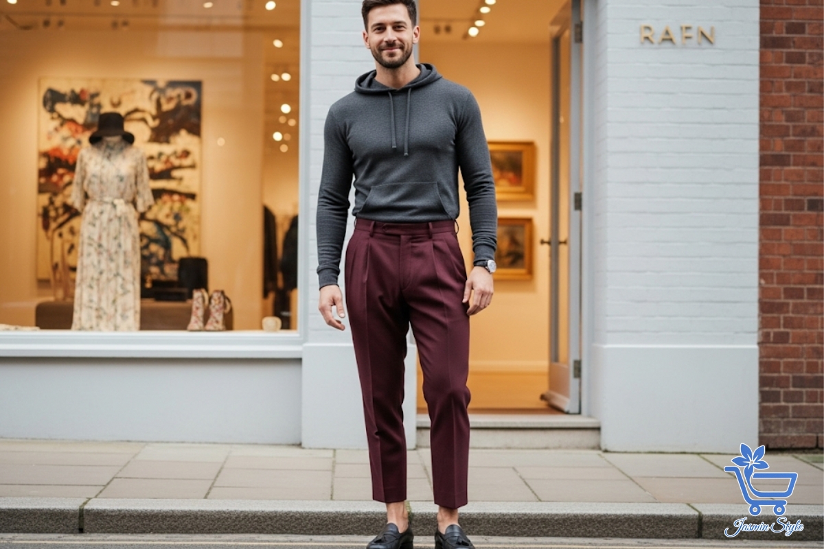 How to Style a Hoodie for Men Smart meets street: A fitted hoodie styled with pleated trousers for an elevated twist.