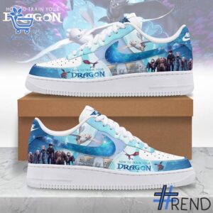 Side view of How to Train Your Dragon Nike Air Force showcasing iconic low-top silhouette.