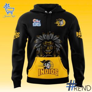 Street-style look featuring the unique Indios de Mayagüez BSN Hoodie artwork