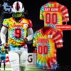 Custom look featuring the signature Jacksonville Sharks Tie Dye Football Jersey design