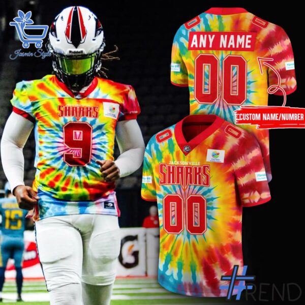 Custom look featuring the signature Jacksonville Sharks Tie Dye Football Jersey design