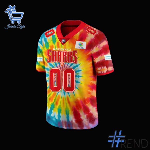 Custom look featuring the signature Jacksonville Sharks Tie Dye Football Jersey design