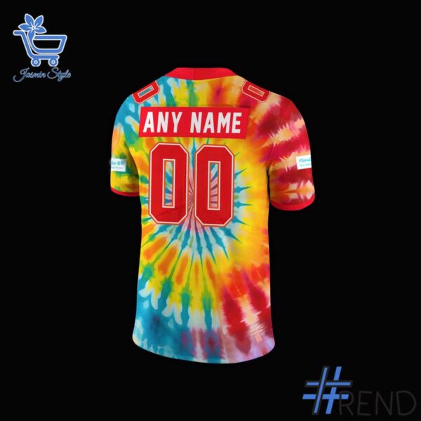 Custom look featuring the signature Jacksonville Sharks Tie Dye Football Jersey design