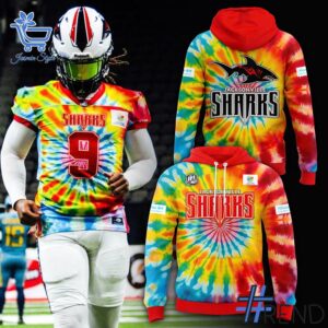 Custom look featuring the signature Jacksonville Sharks Tie Dye Hoodie design