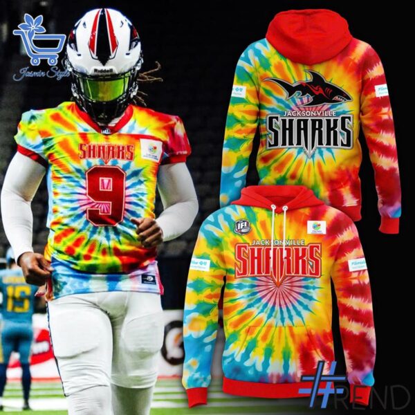 Custom look featuring the signature Jacksonville Sharks Tie Dye Hoodie design