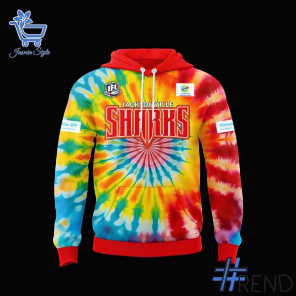 Custom look featuring the signature Jacksonville Sharks Tie Dye Hoodie design