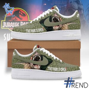 Detailed shot of Jurassic Park The Park Is Open Air Force Shoes on classic Nike Air Force silhouette