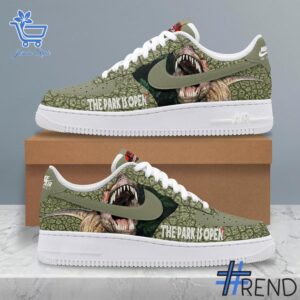 Detailed shot of Jurassic Park The Park Is Open Air Force Shoes on classic Nike Air Force silhouette