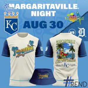 Detailed view of the 1 Kansas City Royals 2025 Margaritaville Night Shirt print on fabric