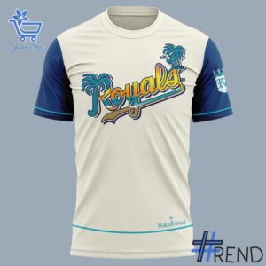 Detailed view of the 2 Kansas City Royals 2025 Margaritaville Night Shirt print on fabric