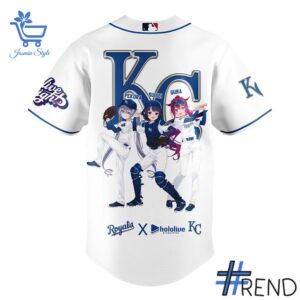 Detailed view of the 3 Kansas City Royals Hololive Night Collaboration Jersey print on fabric
