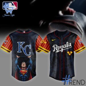 Detailed view of the 1 Kansas City Royals Superman Night Baseball Jersey print on fabric