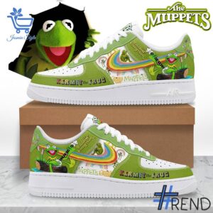 Detailed shot of Kermit The Frog The Muppets Nike Air Force on classic Nike Air Force silhouette