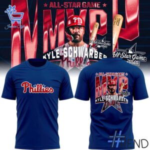 Close-up of the 1 Kyle Schwarber wins All Star Game MVP Philadelphia Phillies Shirt showing detailed design and vibrant colors.