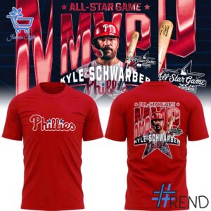 Close-up of the 2 Kyle Schwarber wins All Star Game MVP Philadelphia Phillies Shirt showing detailed design and vibrant colors.