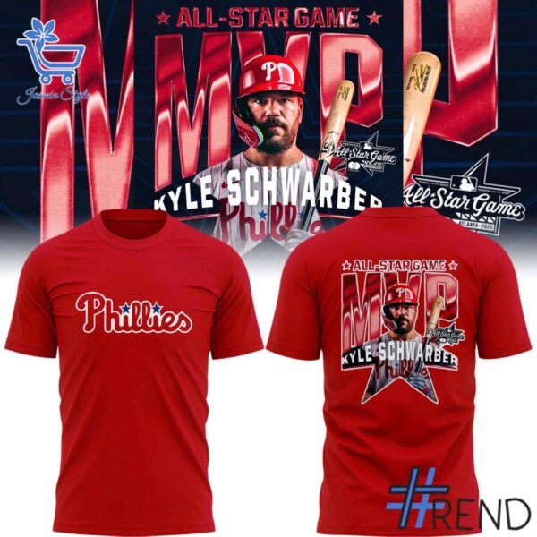 Close-up of the 2 Kyle Schwarber wins All Star Game MVP Philadelphia Phillies Shirt showing detailed design and vibrant colors.