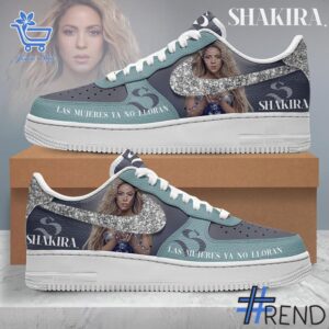 Detailed shot of Las Mujeres Ya No Lloran Shakira Nike Air Force on classic Nike Air Force silhouette