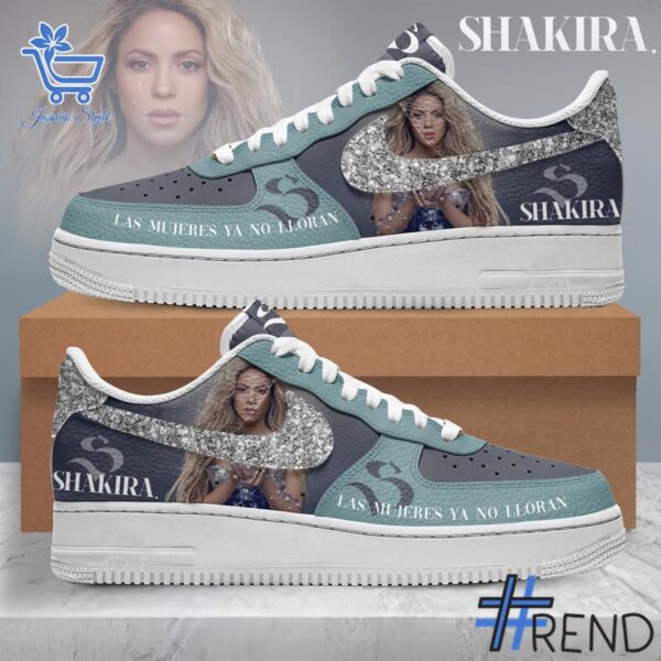 Detailed shot of Las Mujeres Ya No Lloran Shakira Nike Air Force on classic Nike Air Force silhouette