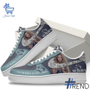 Detailed shot of Las Mujeres Ya No Lloran Shakira Nike Air Force on classic Nike Air Force silhouette