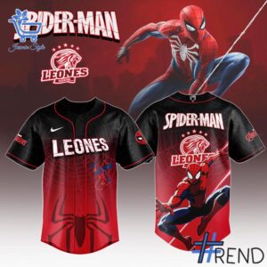 Street-style look featuring the unique Leones de Yucatán x x Spider Man Night Baseball Jersey artwork