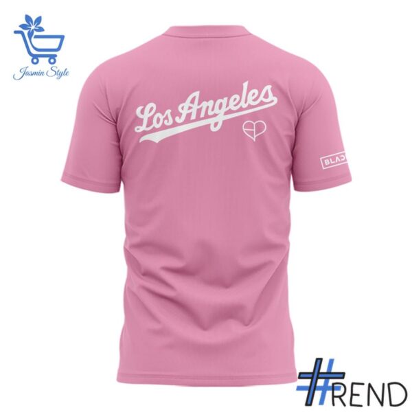 Close-up of the 3 Los Angeles Dodger Blackpink World Tour 25 Pink Shirt showing detailed design and vibrant colors.