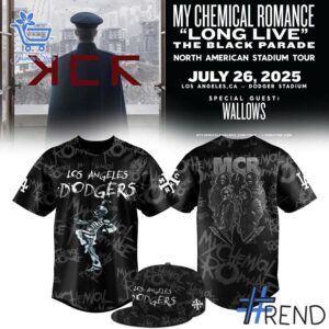 Detailed fabric and stitching showing 1 Los Angeles Dodgers 2025 My Chemical Romance Concert Jersey